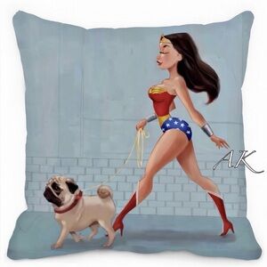 Wonder Woman Walking Pug 🐾 Decor Accent Pillow Cover